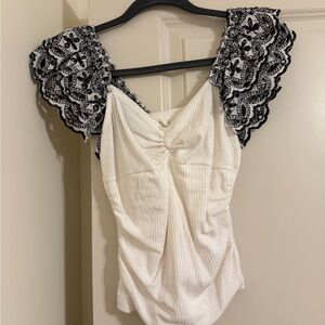 Anthropologie White Top with Black Lace Sleeves